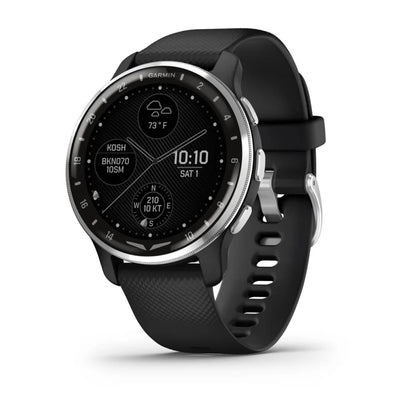 Garmin D2 Air X10 smartwatch displaying weather information and time on a black strap with a sleek design.