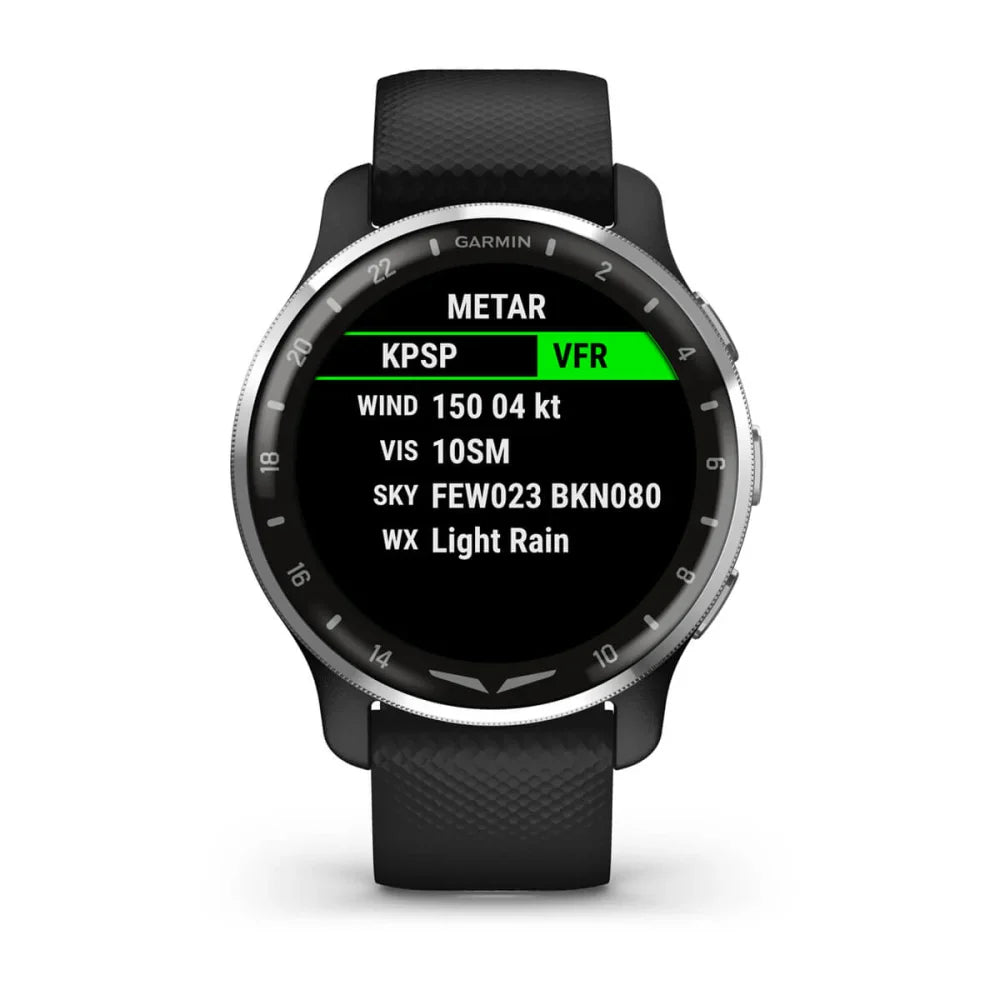 Garmin D2 Air X10 smartwatch displaying METAR information with details on wind, visibility, sky conditions, and weather.