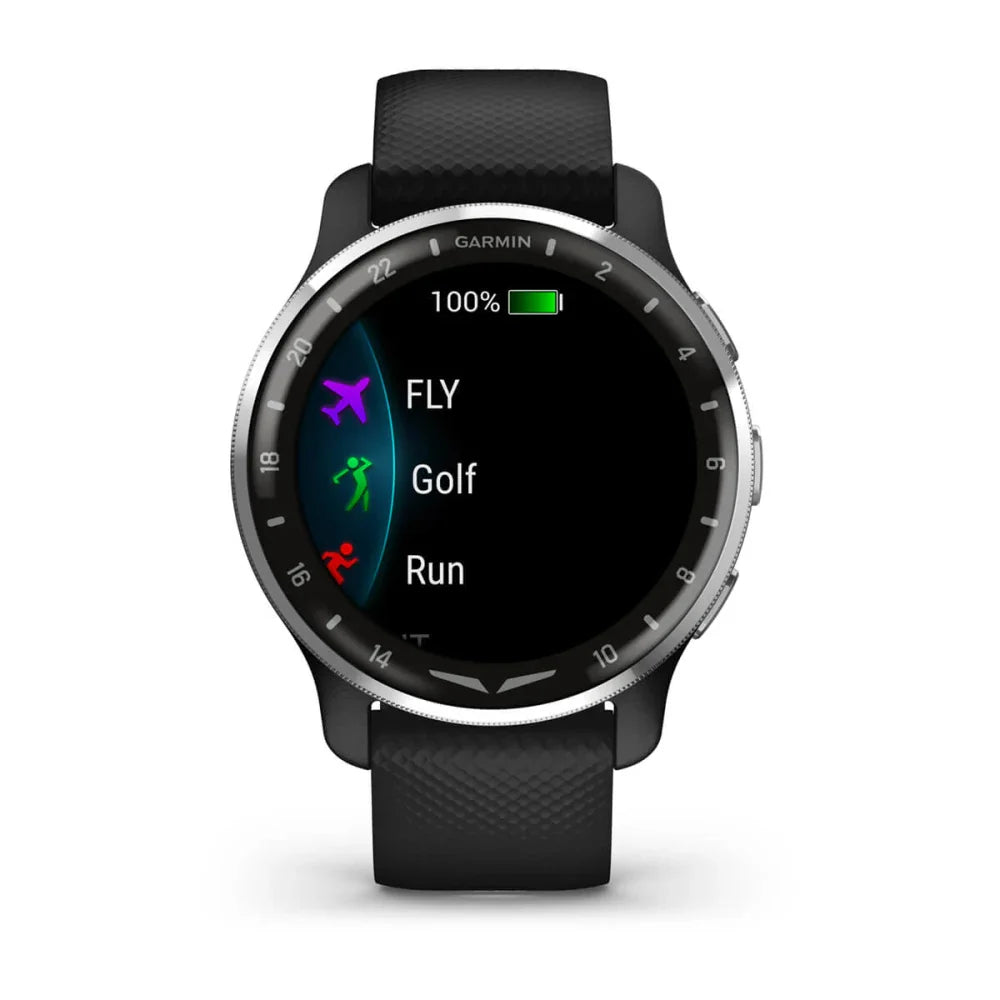 Garmin D2 Air X10 smartwatch displaying activity options including FLY, Golf, and Run, with a battery level indicator showing 100%.