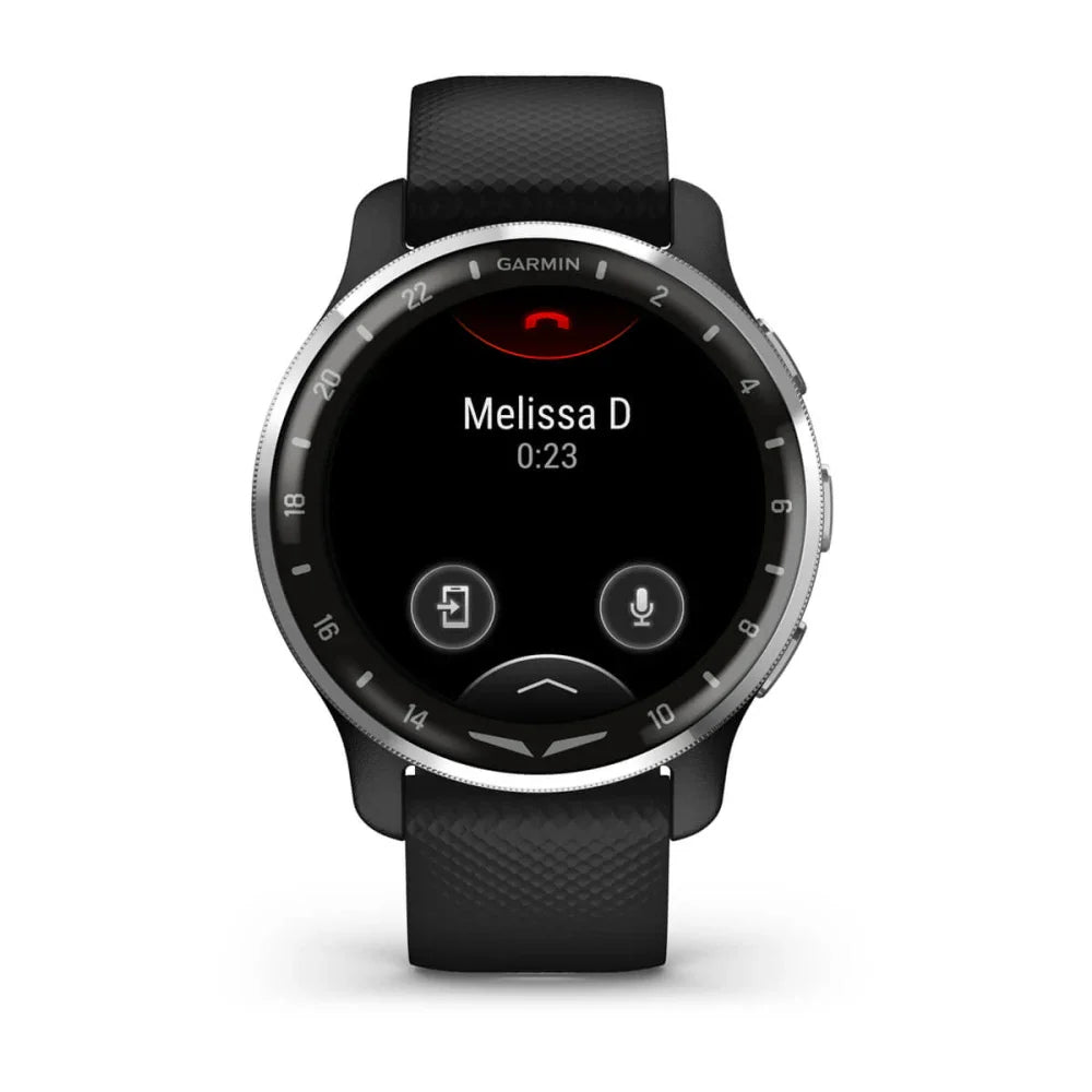 Garmin D2 Air X10 smartwatch displaying a call screen with the name 'Melissa D' and a timer showing 0:23.