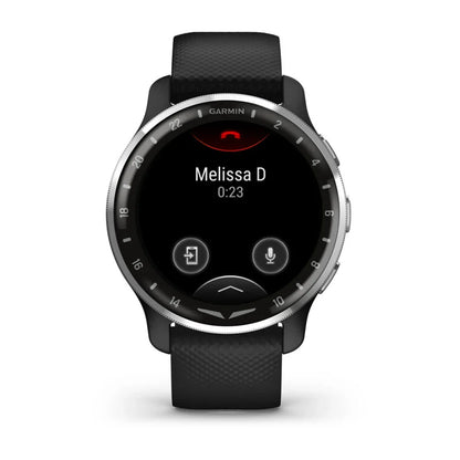 Garmin D2 Air X10 smartwatch displaying a call screen with the name 'Melissa D' and a timer showing 0:23.