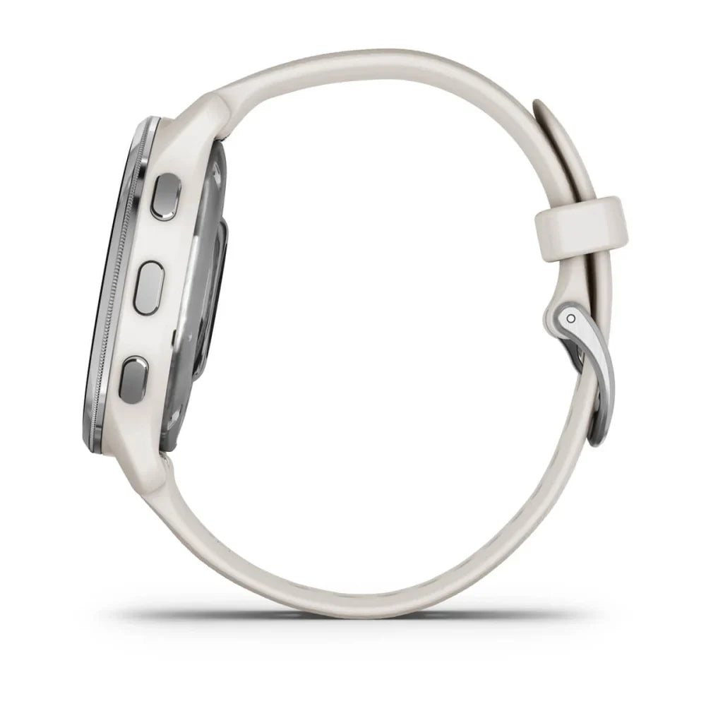 Side view of the Garmin D2 Air X10 smartwatch featuring a sleek design and a light-colored strap.