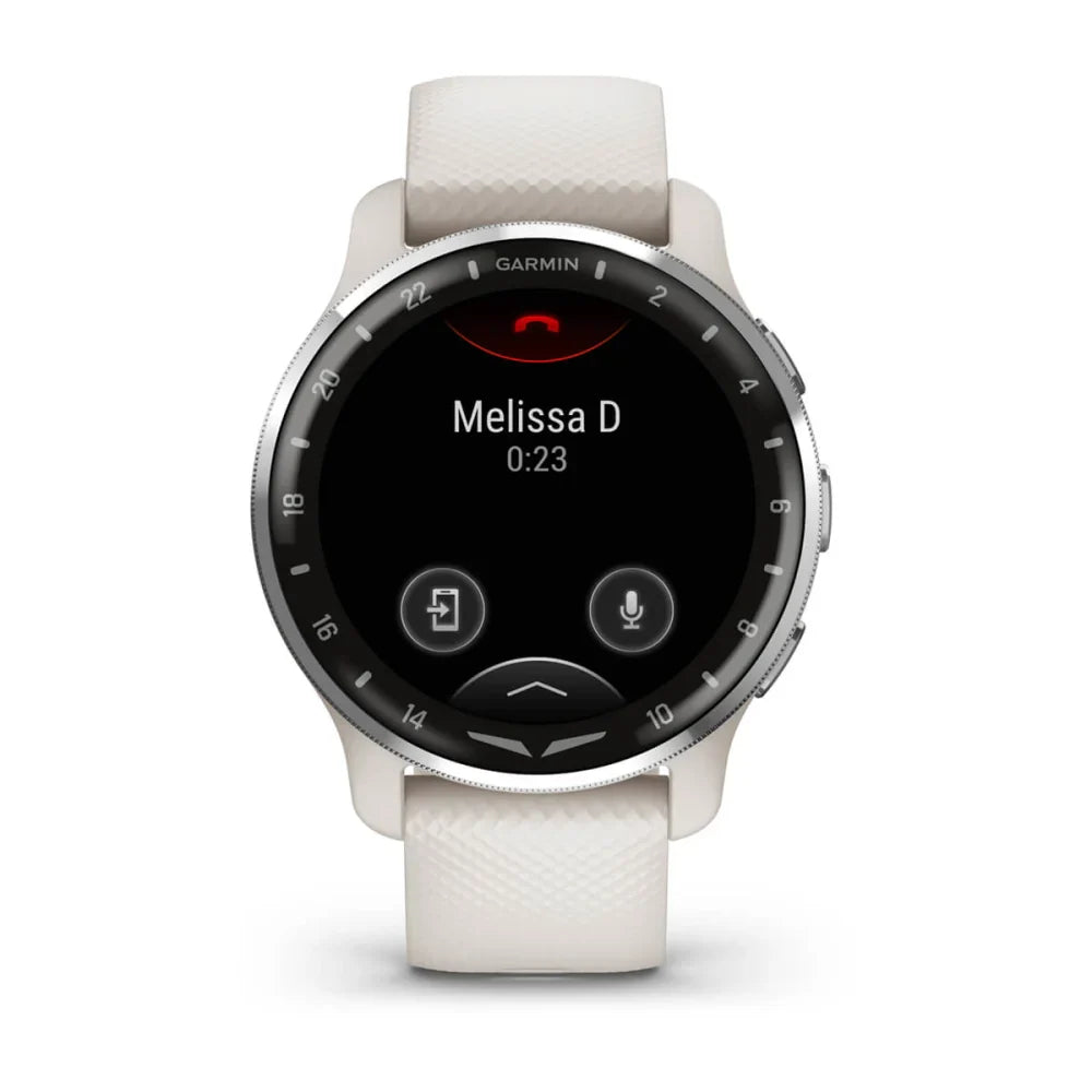 Garmin D2 Air X10 smartwatch displaying a call screen with the name Melissa D and a timer indicating 0:23.