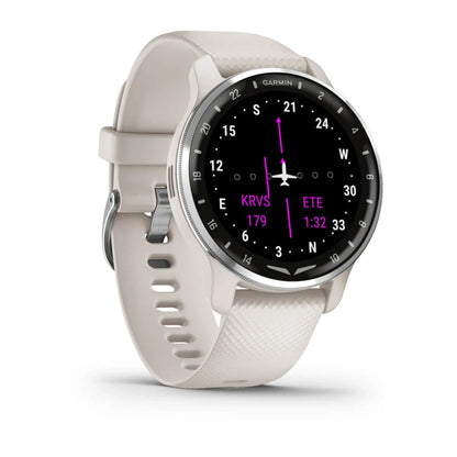 Garmin D2 Air X10 smartwatch with a white strap displaying a black screen featuring navigation indicators and flight data.