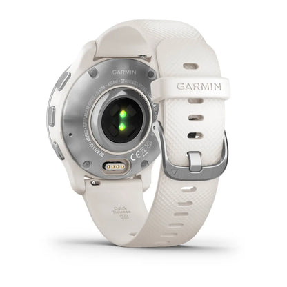 Back view of the Garmin D2 Air X10 smartwatch, featuring a stainless steel case and a white strap, showcasing the sensors and charging contacts.