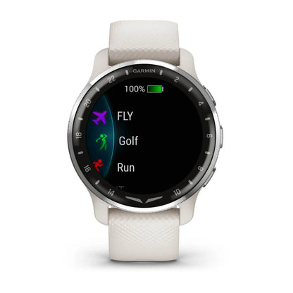 Garmin D2 Air X10 smartwatch displaying activity options including FLY, Golf, and Run on a black screen with a white strap.