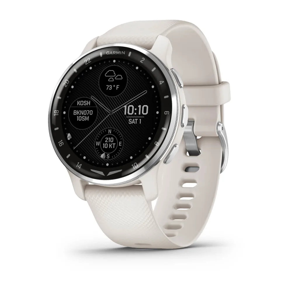Garmin D2 Air X10 smartwatch with a white strap displaying a black watch face showing the time, date, and weather information.