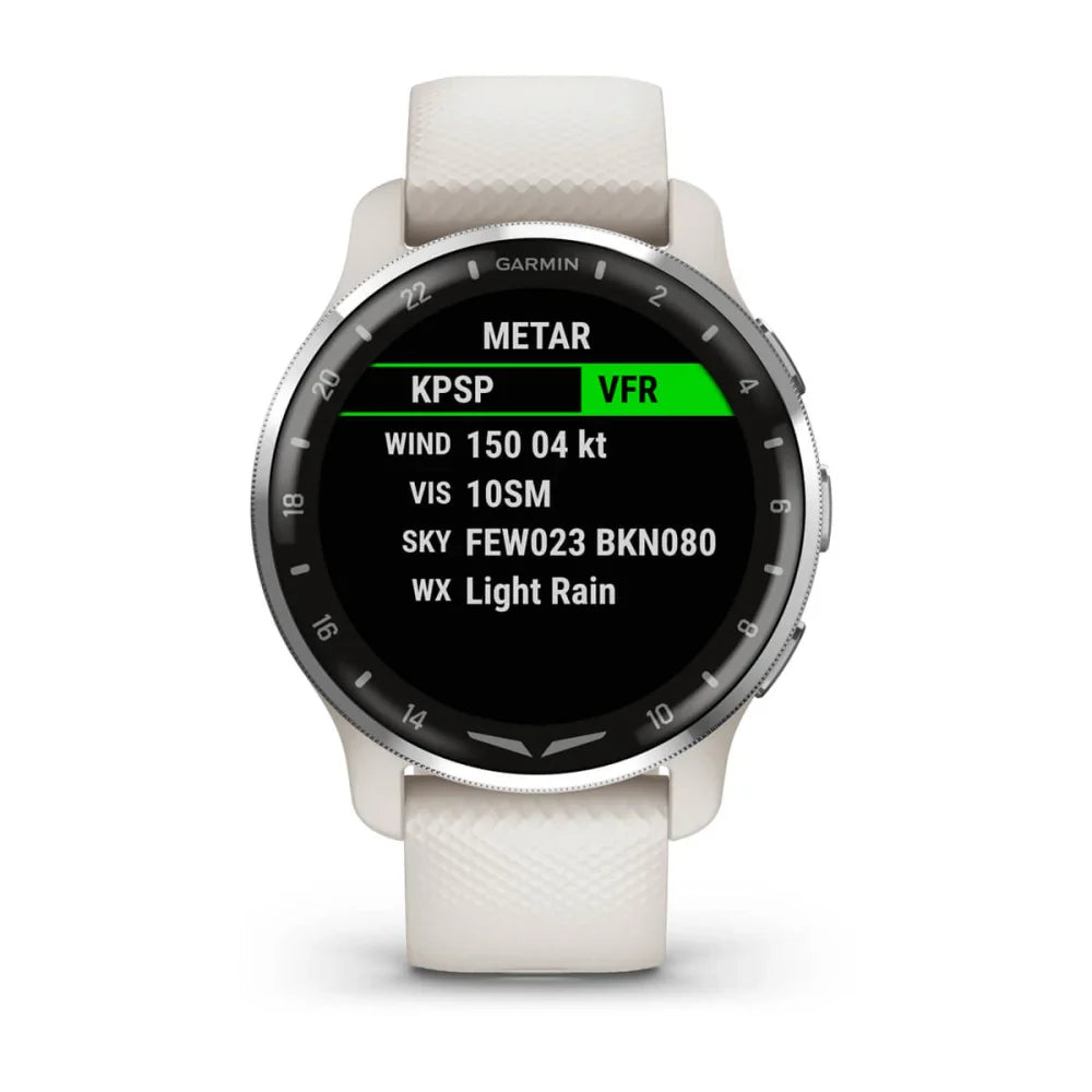 Garmin D2 Air X10 smartwatch displaying METAR weather information, including wind speed, visibility, sky conditions, and weather status.