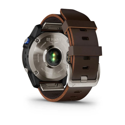 Close-up view of the back of the Garmin D2 Mach 1 smartwatch, showcasing its titanium and sapphire construction, along with a brown leather strap.