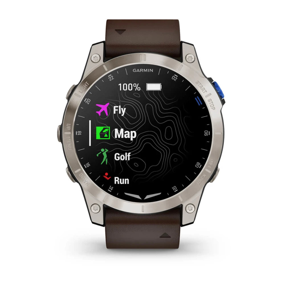 Garmin D2 Mach 1 smartwatch displaying various features including Fly, Map, Golf, and Run on a black screen with a brown leather strap.