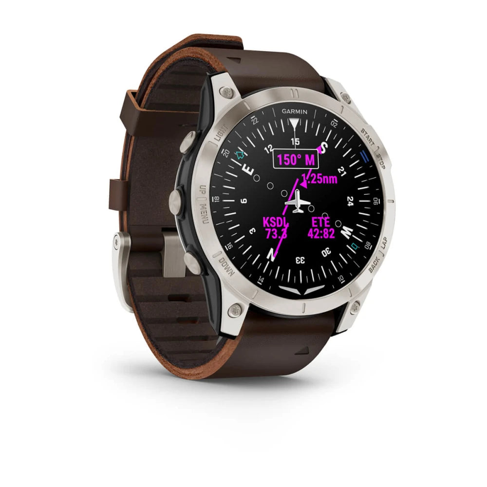 Garmin D2 Mach 1 smartwatch with a black face, featuring navigation details and a brown leather strap.