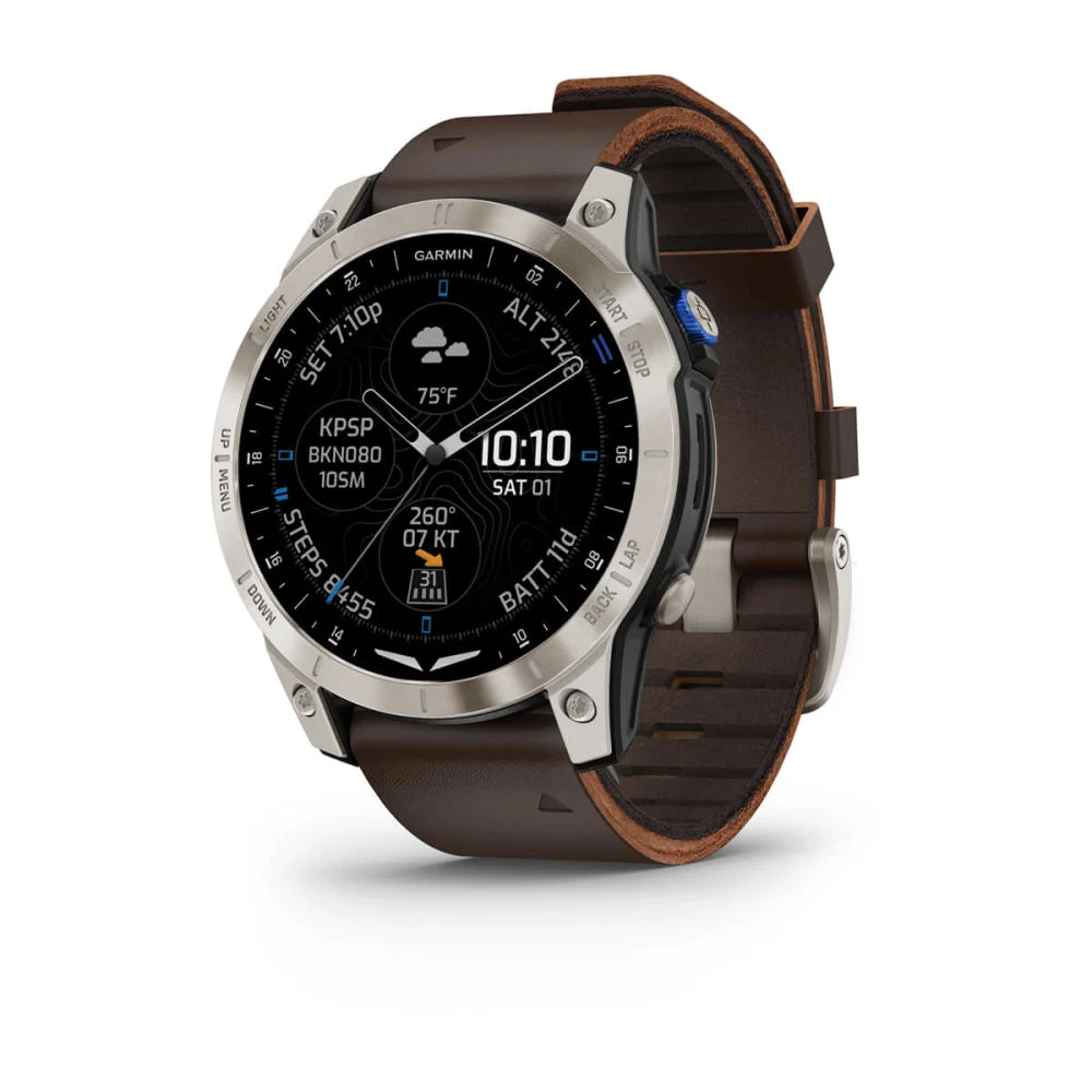 Garmin D2 Mach 1 smartwatch displaying a black face with various data metrics, including temperature, altitude, time, and battery life, set against a brown leather strap.