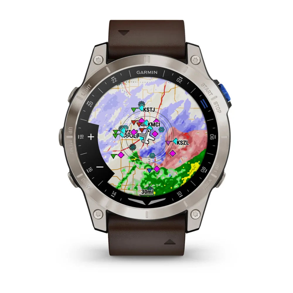 Garmin D2 Mach 1 smartwatch displaying a colorful weather radar map with various flight paths and locations indicated.