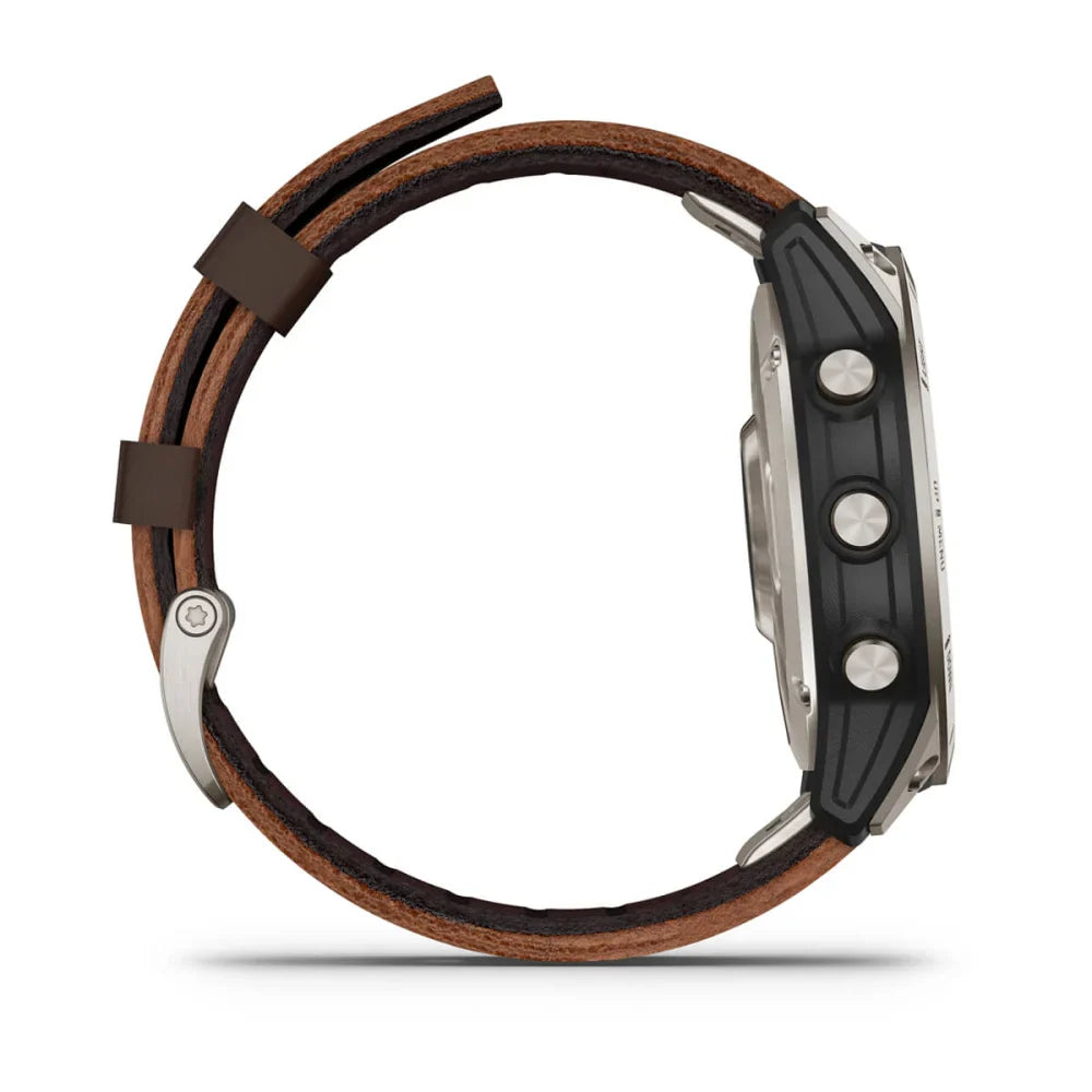 Side view of the Garmin D2 Mach 1 smartwatch featuring a black and silver case with a brown leather strap.