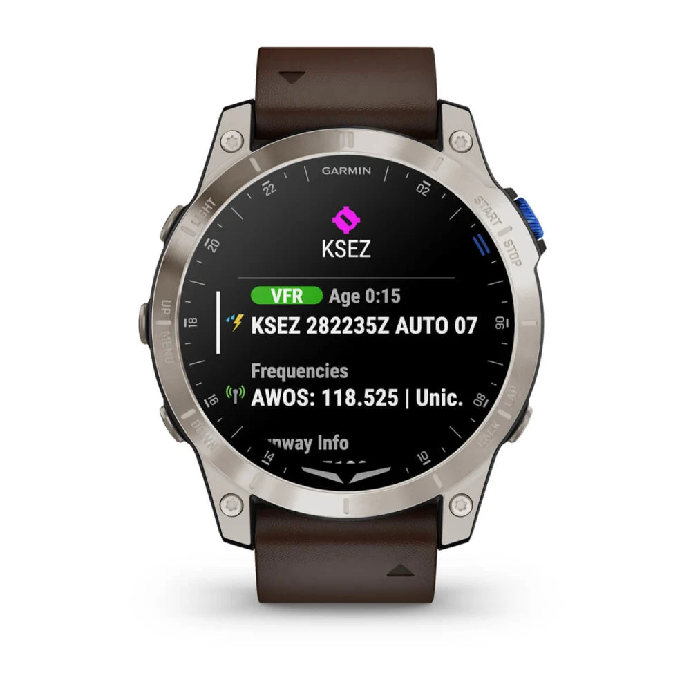 Garmin D2 Mach 1 smartwatch displaying aviation information including KSEZ, VFR status, age, and frequencies.