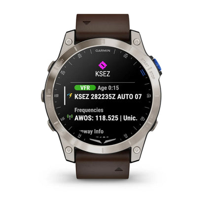 Garmin D2 Mach 1 smartwatch displaying aviation information including KSEZ, VFR status, age, and frequencies.