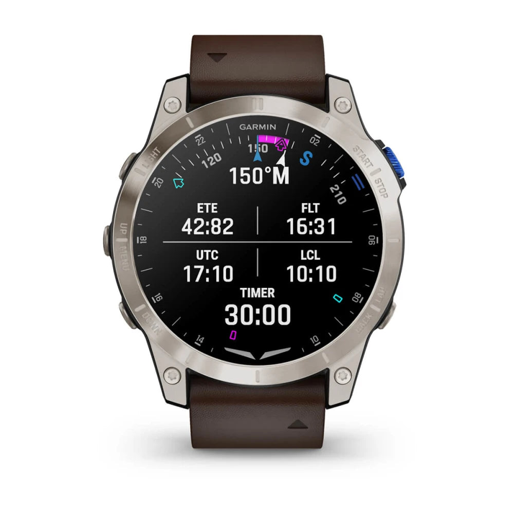 Garmin D2 Mach 1 smartwatch displaying flight data, including ETE, FLT, UTC, LCL, and timer on a black screen with a brown strap.