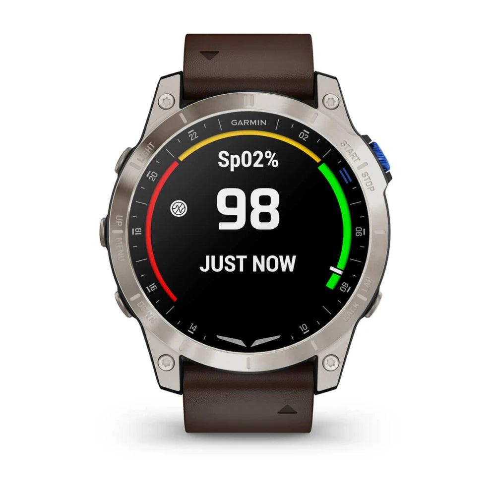 Garmin D2 Mach 1 smartwatch displaying SpO2 level of 98% with a brown leather strap.