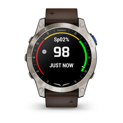 Garmin D2 Mach 1 smartwatch displaying SpO2 level of 98% with a brown leather strap.
