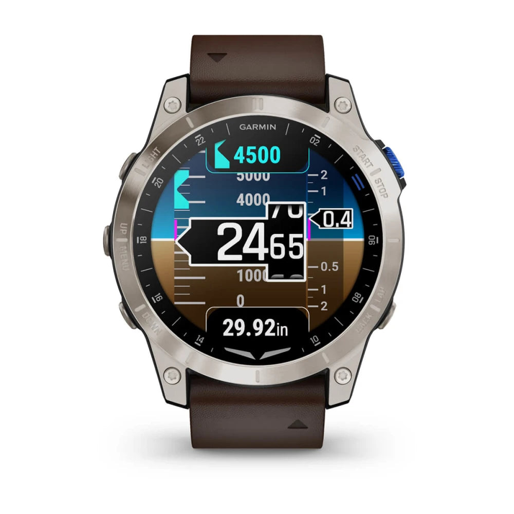 Close-up view of the Garmin D2 Mach 1 smartwatch displaying various metrics and data on its screen.