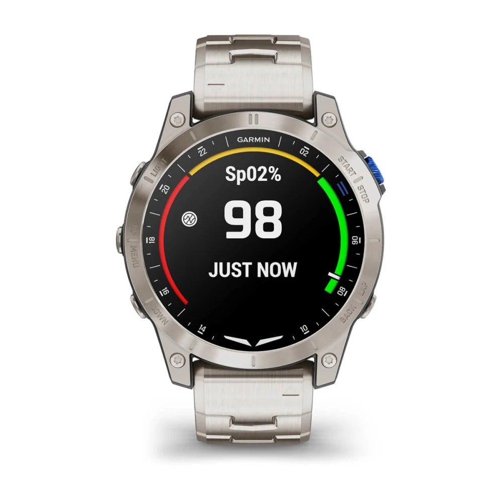 Garmin D2 Mach 1 smartwatch displaying SpO2 level of 98 and the text 'JUST NOW' on a black screen.