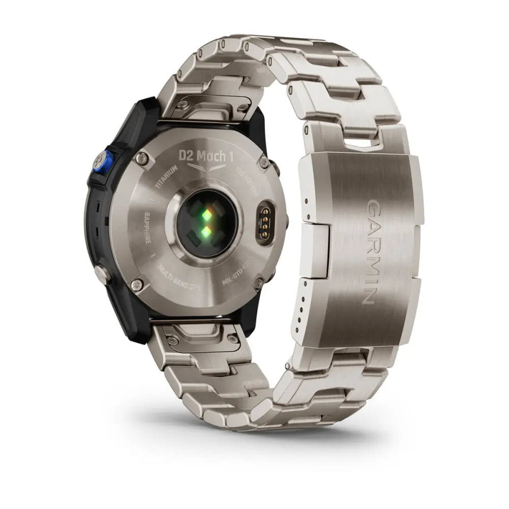 Garmin D2 Mach 1 smartwatch with a titanium and stainless steel band, showcasing the back view and sensor.