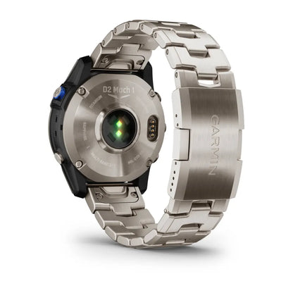 Garmin D2 Mach 1 smartwatch with a titanium and stainless steel band, showcasing the back view and sensor.