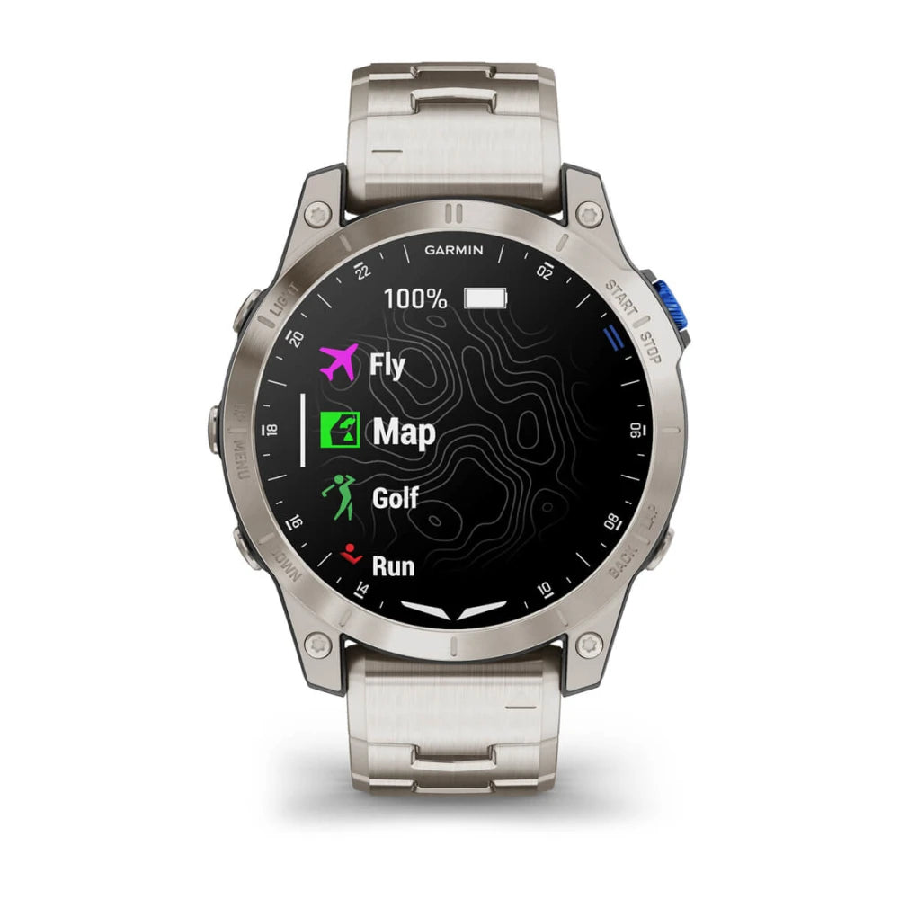 Garmin D2 Mach 1 smartwatch displaying various features including Fly, Map, Golf, and Run on a sleek black screen.