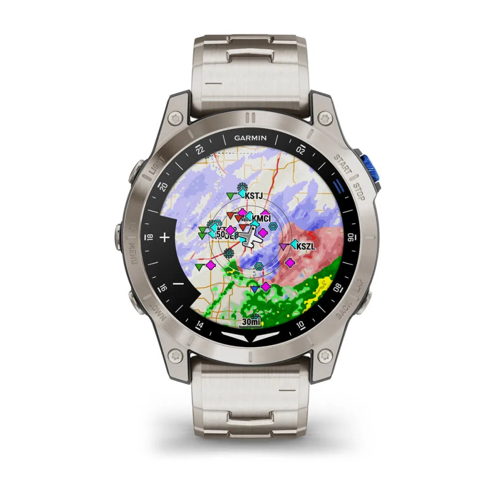 Garmin D2 Mach 1 smartwatch displaying a detailed weather radar map with various airport locations marked.