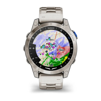 Garmin D2 Mach 1 smartwatch displaying a detailed weather radar map with various airport locations marked.