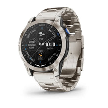 Garmin D2 Mach 1 smartwatch with a stainless steel band, displaying the time, weather, altitude, and other metrics on a digital screen.