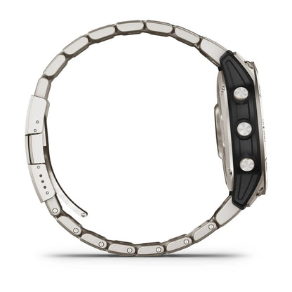 Side view of the Garmin D2 Mach 1 smartwatch featuring a stainless steel band and a black and silver case with buttons.
