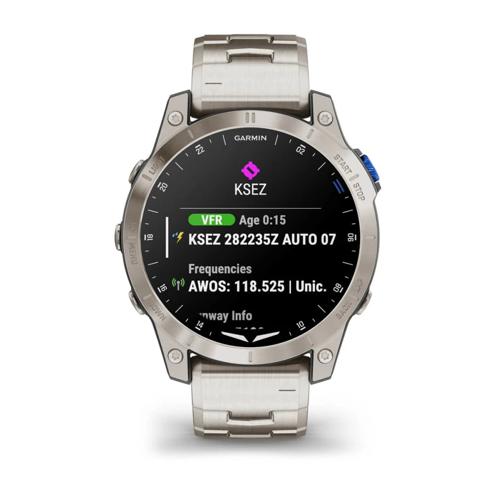 Garmin D2 Mach 1 smartwatch displaying aviation data including airport code KSEZ, VFR status, age, and frequencies on a black screen with a metallic strap.