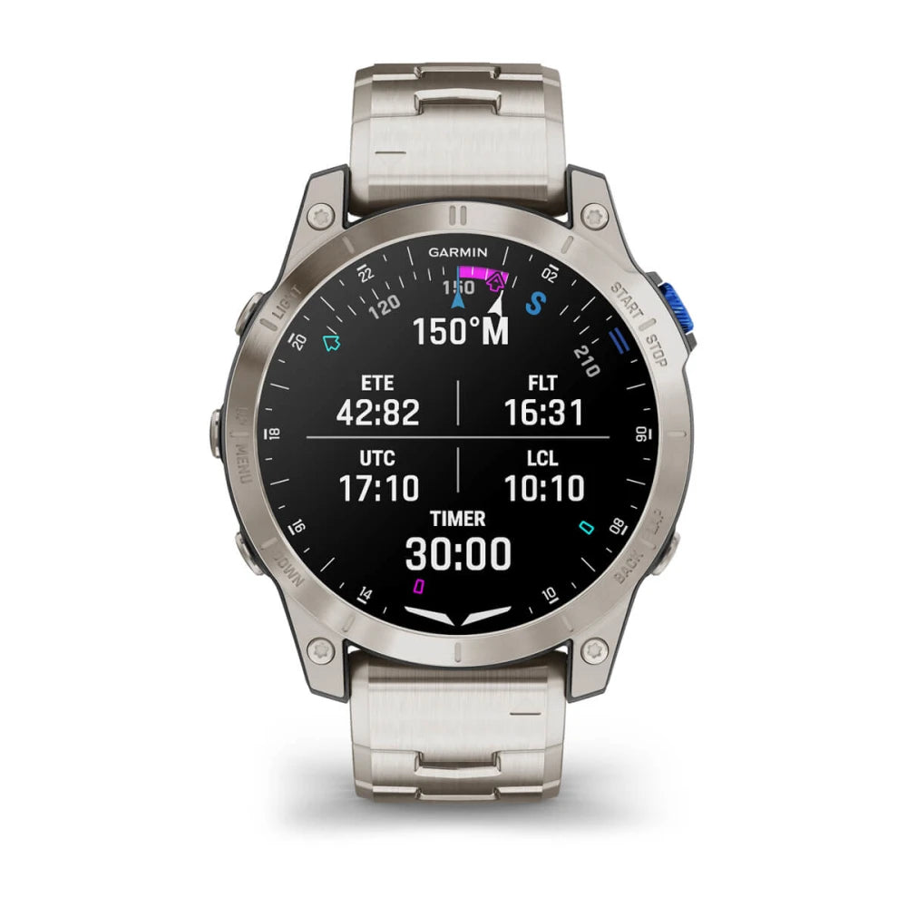 Garmin D2 Mach 1 smartwatch displaying various metrics including ETE, FLT, UTC, LCL, and a timer.
