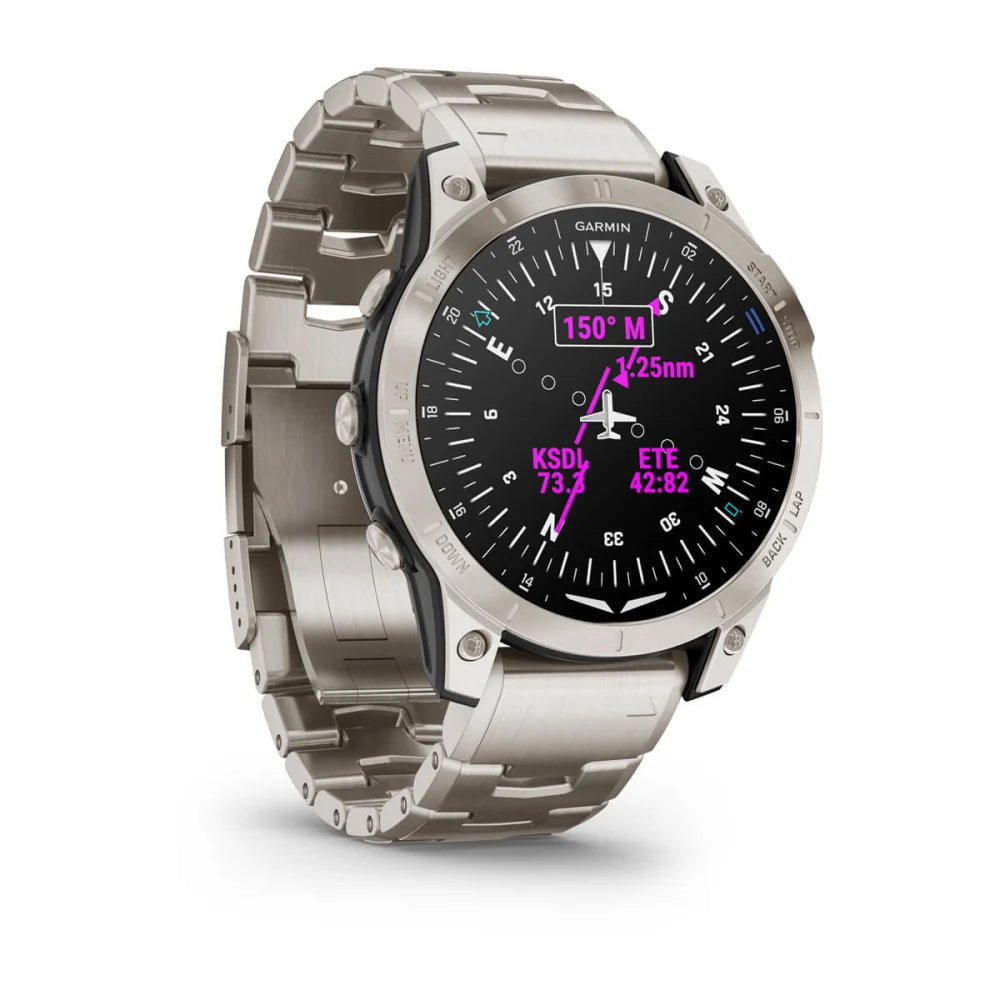 Garmin D2 Mach 1 smartwatch featuring a black display with navigation markers and a stainless steel band.