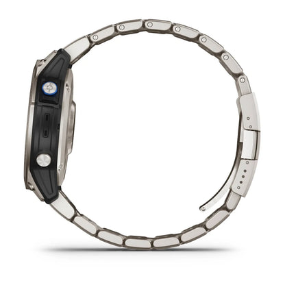 Side view of the Garmin D2 Mach 1 smartwatch featuring a sleek design with a stainless steel band and black accents.