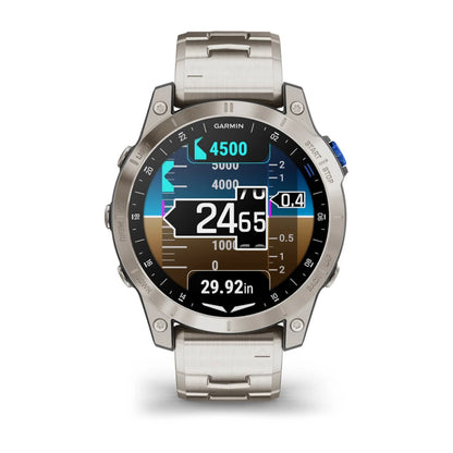 Garmin D2 Mach 1 smartwatch displaying various metrics on its screen with a stainless steel band.