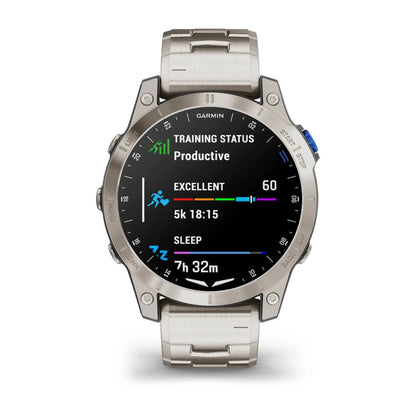 Garmin D2 Mach 1 smartwatch displaying training status, with metrics for productivity, running performance, and sleep duration.