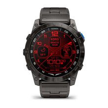 Garmin D2 Mach 1 Pro smartwatch displaying a red and black digital watch face with various metrics including temperature, date, and altitude.