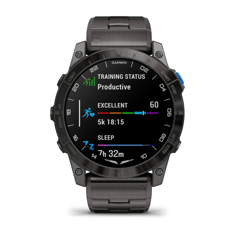 Garmin D2 Mach 1 Pro smartwatch displaying training status, including productive status, excellent rating, 5k time of 18:15, and sleep duration of 7 hours and 32 minutes.