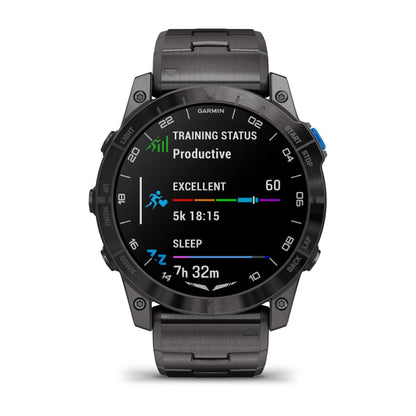 Garmin D2 Mach 1 Pro smartwatch displaying training status, including productive status, excellent rating, 5k time of 18:15, and sleep duration of 7 hours and 32 minutes.