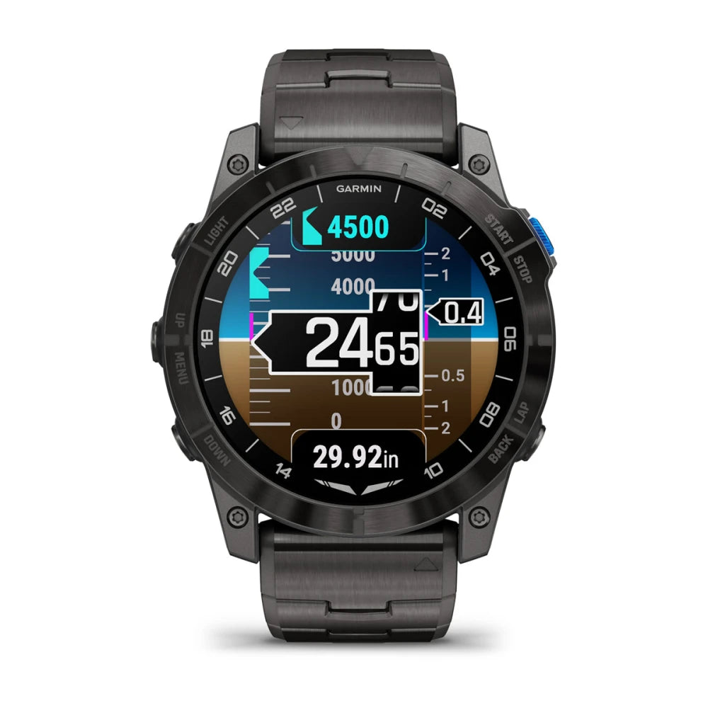 Image of a Garmin D2 Mach 1 Pro smartwatch displaying various metrics and readings on its screen.