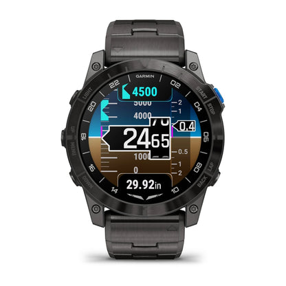 Image of a Garmin D2 Mach 1 Pro smartwatch displaying various metrics and readings on its screen.