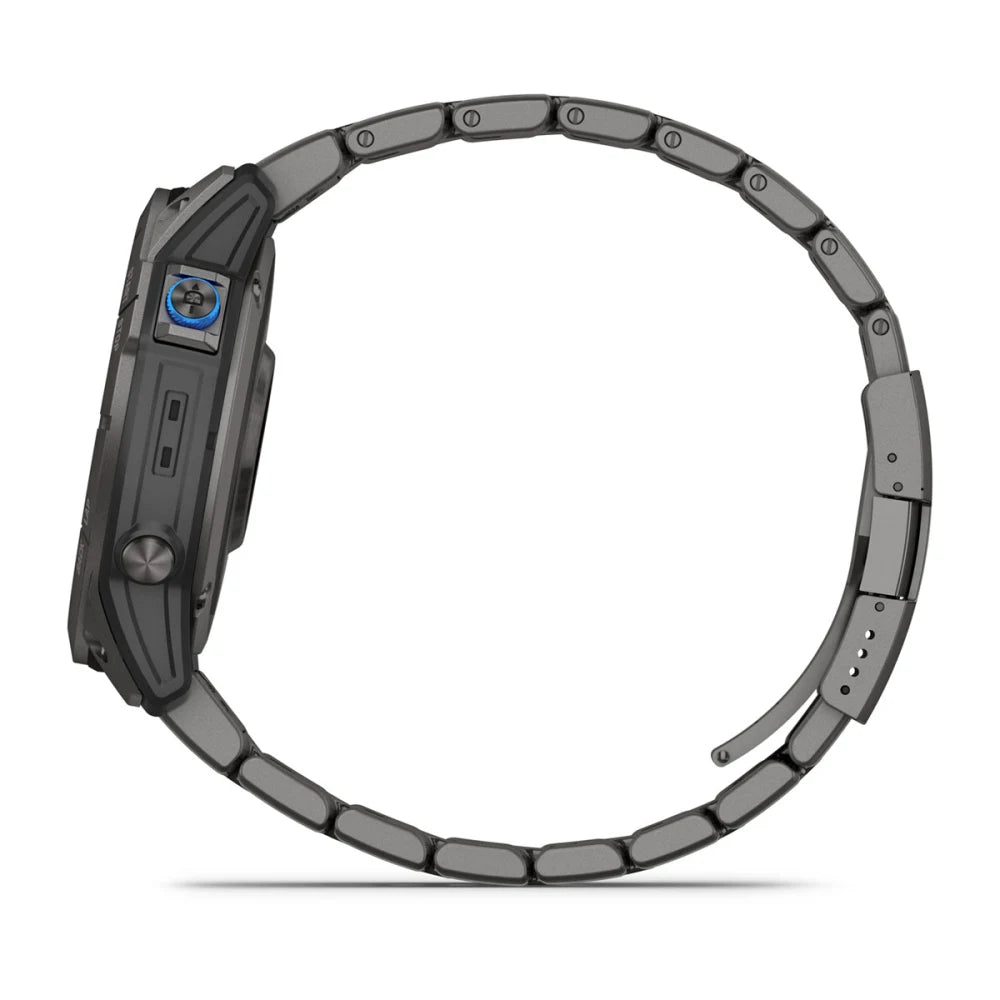 Garmin D2 Mach 1 Pro smartwatch displayed from the side, featuring a sleek design and a metallic band.