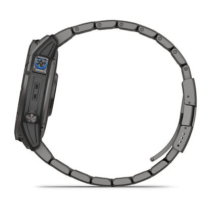 Garmin D2 Mach 1 Pro smartwatch displayed from the side, featuring a sleek design and a metallic band.