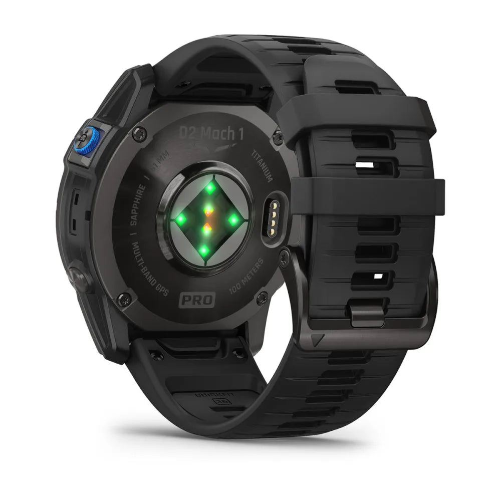 Back view of the Garmin D2 Mach 1 Pro smartwatch, showcasing its titanium case, black silicone strap, and heart rate sensors with green and orange lights.