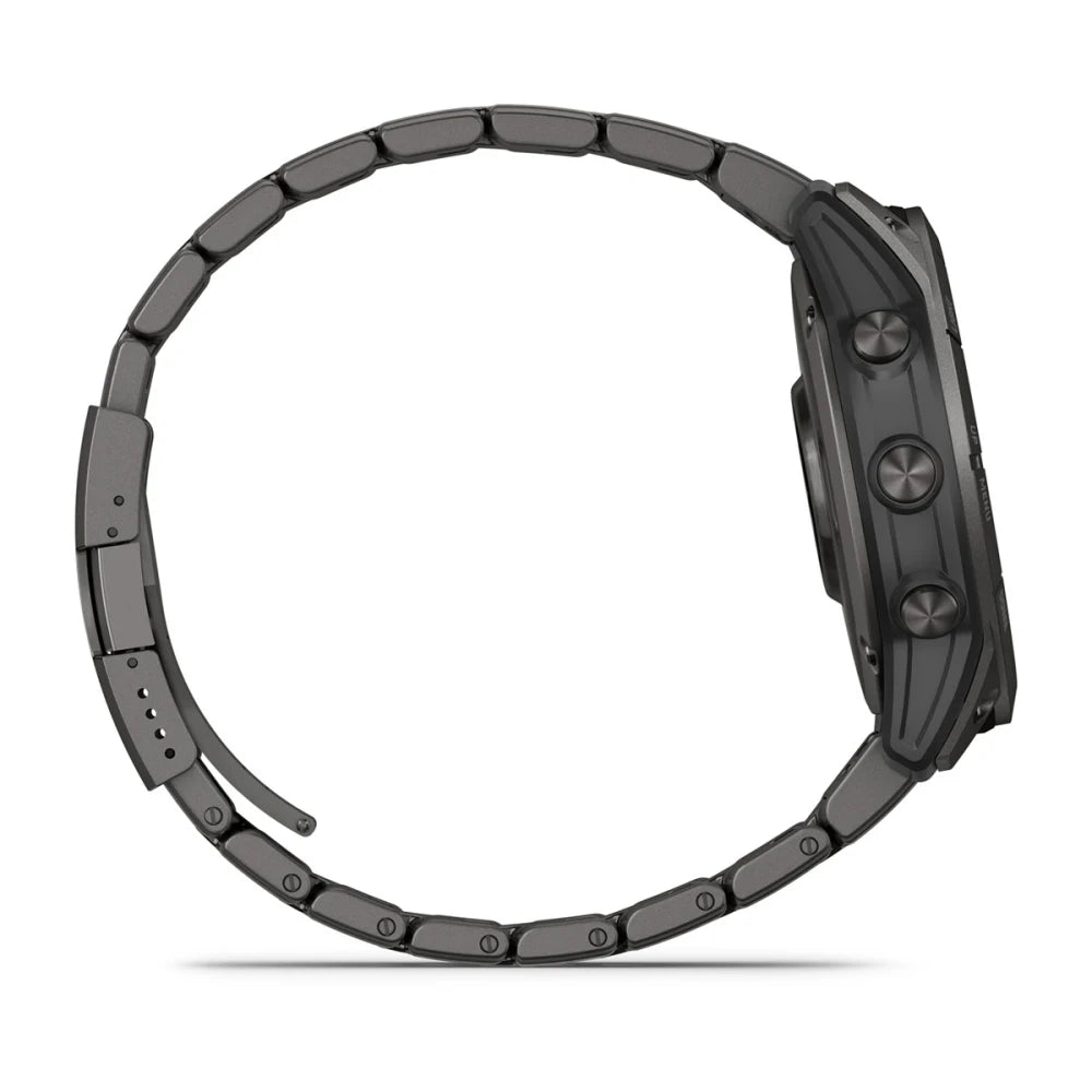 Garmin D2 Mach 1 Pro smartwatch shown from the side, featuring a sleek design with a metal band and multiple buttons.