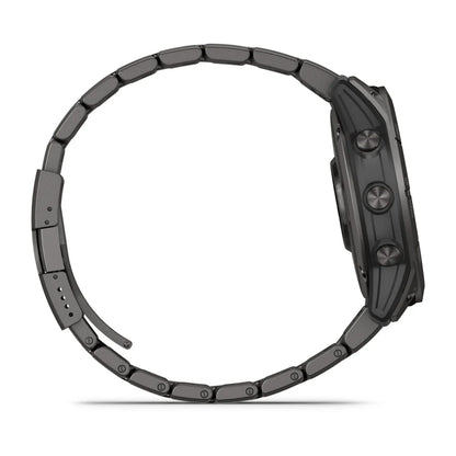 Garmin D2 Mach 1 Pro smartwatch shown from the side, featuring a sleek design with a metal band and multiple buttons.