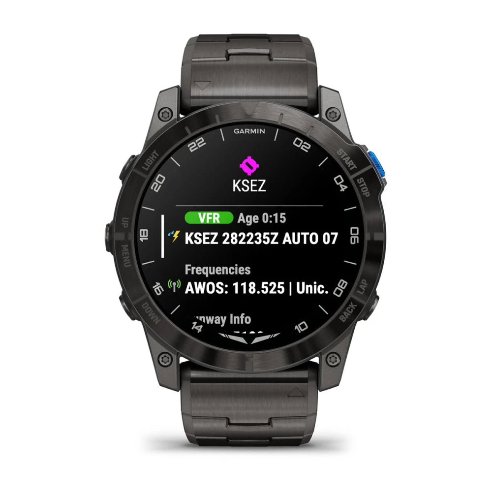 Garmin D2 Mach 1 Pro smartwatch displaying flight information including KSEZ, VFR status, age, frequencies, and runway info.