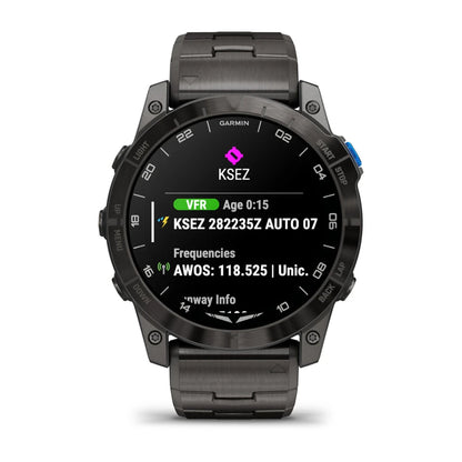 Garmin D2 Mach 1 Pro smartwatch displaying flight information including KSEZ, VFR status, age, frequencies, and runway info.
